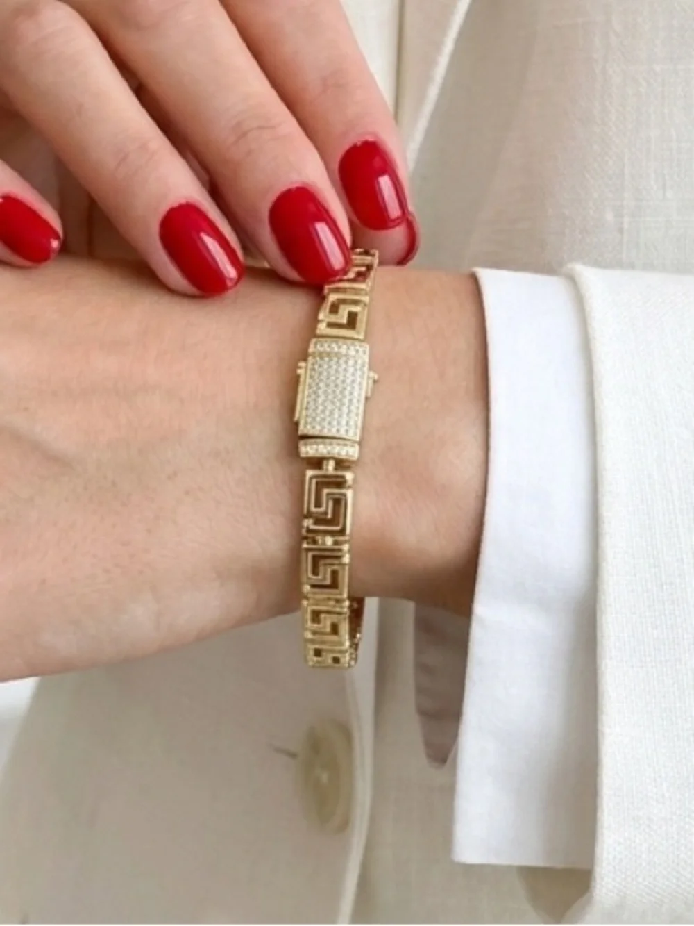 14K Gold Plated Greek Key Link Bracelet with CZ Pavé Box Clasp | Luxury Jewelry